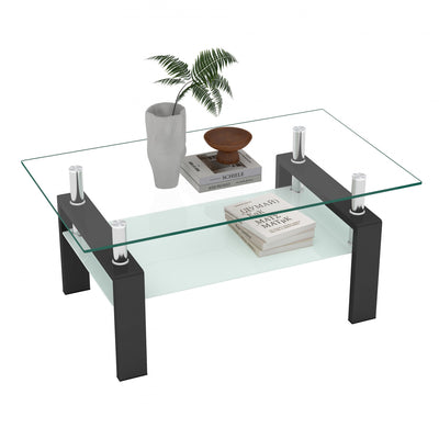 Liam Modern Rectangle Clear Tempered Glass Coffee Table,Black | Table basse moderne rectangulaire en verre trempe transparent Liam, noire