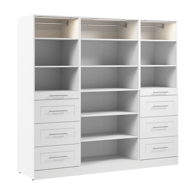 Bestar Florence 85" Modular Reach-In/Walk-In Closet System with LED Lights, Shelves and Drawers Shak|Système de garde-robe et pièce-penderie modulaire Florence de Bestar de 85 po avec éclairages à DEL,
