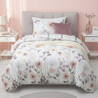 Mirabelle Twin Comforter Set - Reversible Pink & Grey Watercolor Floral Bedding | Ensemble Douillette Simple Mirabelle - Literie Reversible a Fleurs Aquarelle Rose et Gris