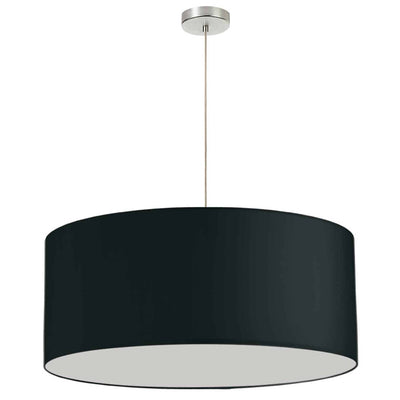 Dainolite 1 Light Drum Pendant 28" Dia Satin Chrome Finish Black Shade No Bottom Diffuser Lamp|Luminaire suspendu de Dainolite de 28 po de diamètre avec abat-jour cylindrique noir sans fond qui diffuse la lumière, fini chromé satiné et 1 ampoule