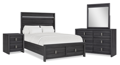 Rocco 6pc Bedroom Set, LED Storage Bed, Dresser, Mirror & Nightstand, Dark Grey - Queen Size | Ensemble de chambre à coucher Rocco 6 pièces avec lit de rangement illuminé à DEL, commode, miroir et table de nuit, gris foncé - format grand lit