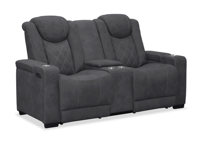 Venture 70.08” Faux Suede Power Reclining Loveseat with Power Headrests, Cupholders, and USB Port - Grey | Causeuse à inclinaison électrique Venture de 70,08 po en suédine avec appuie-têtes électriques, porte-gobelets et port USB - grise