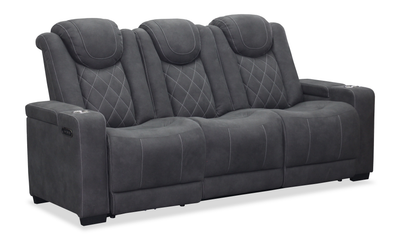 Venture 83.5” Faux Suede Power Reclining Sofa with Power Headrests, Cupholders, and USB Port - Grey | Sofa à inclinaison électrique Venture de 83,5 po en suédine avec appuie-têtes électriques, porte-gobelets et port USB - gris