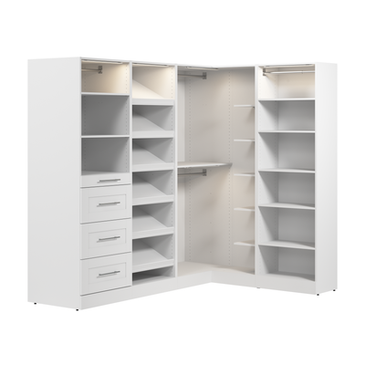 Bestar Florence 85" Modular L-Shaped Walk-In Closet System with LED Lights, Rods, Drawers and Shoe S|Système de pièce-penderie en forme de L modulaire Florence de Bestar de 85 po avec éclairages à DEL,