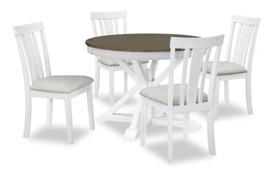 Brook 5pc Dining Set with Table & 4 Chairs, 42-54"W Extension, Round - White/Brown | Ensemble de salle à manger Brook 5 pièces avec table ronde, rallonge de 42 po à 54 po (L) et 4 chaises - blanc et brun