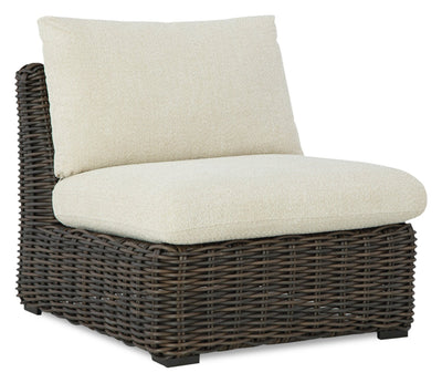 Halifax Outdoor Patio Armless Chair - Resin Wicker, Nuvella Fabric, UV & Weather Resistant - Beige/Brown | Fauteuil sans accoudoirs Halifax pour la terrasse à l’extérieur - osier en résine, tissu Nuvella - brun et beige