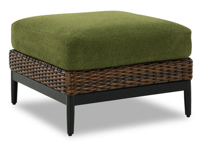 Tofino Outdoor Patio Ottoman - Resin Wicker & Aluminum - UV & Weather Resistant - Green/Brown/Black | Pouf Tofino pour la terrasse à l’extérieur - osier en résine et aluminium - résistant aux rayons UV et aux intempéries - vert, brun et noir