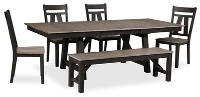 Zao 6pc Dining Set with Table, Bench & 4 Chairs, 66-94"W Extension, Melamine - Brown | Ensemble de salle à manger Zao 6 pièces en mélamine avec table, rallonge de 66 po à 94 po (L), banc et 4 chaises - brun
