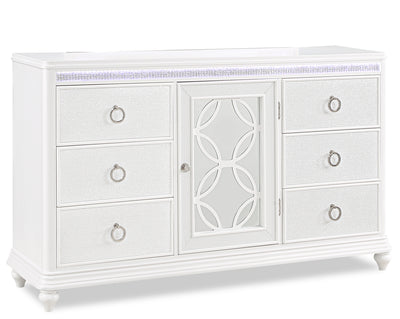 Ava Bedroom 7-Drawer Dresser with LED Light, 67"W x 39"H, Glam - White | Commode somptueuse Ava de 67 po (L) x 39 po (H) à 7 tiroirs avec éclairage à DEL pour la chambre à coucher - blanche