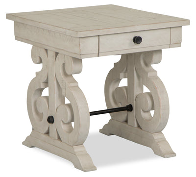 Bronwyn 22" Traditional End Table with Storage - Alabaster Pine with Scroll Design Wood Base|Table de bout traditionnelle Bronwyn de 22 po avec rangement - pin albâtre avec base en bois à volutes
