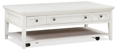 Heron Cove 50" Traditional Coffee Table With Storage, Shelf and Casters - White Pine|Table à café traditionnelle Heron Cove de 50 po avec rangement, tablette et roulettes - pin blanc