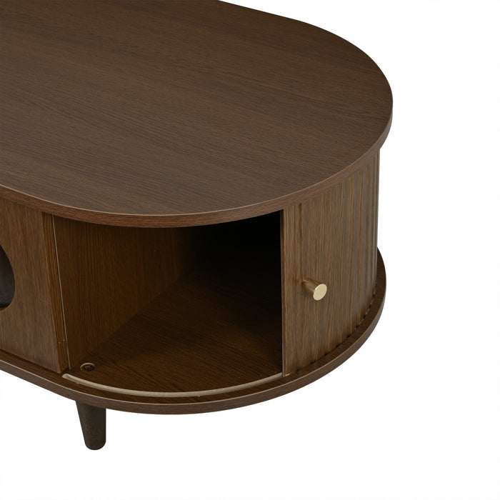 Grain 39.3 Inch Walnut Coffee Table with Roll-Up Door and Acrylic Drawer, Walnut