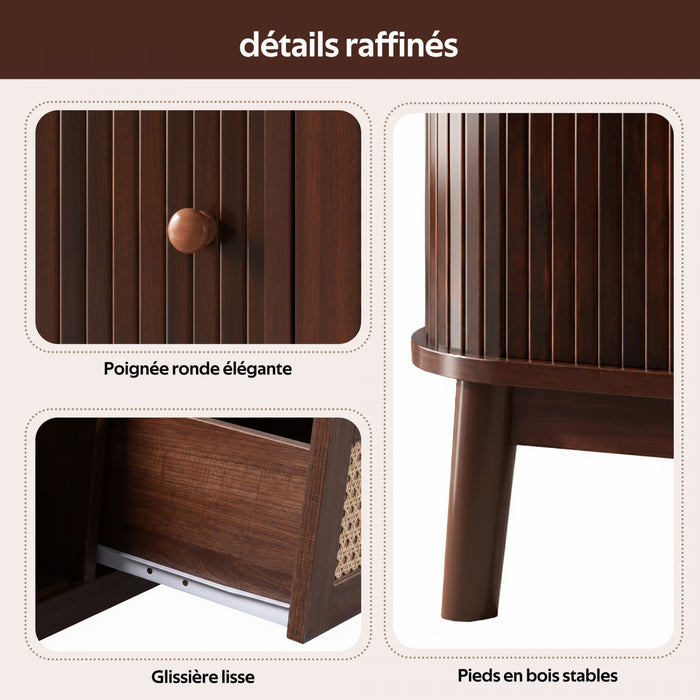 Grain 43.5 Inch Rattan Coffee Table with Sliding Doors, Drawers and Solid Wood Legs, Wood