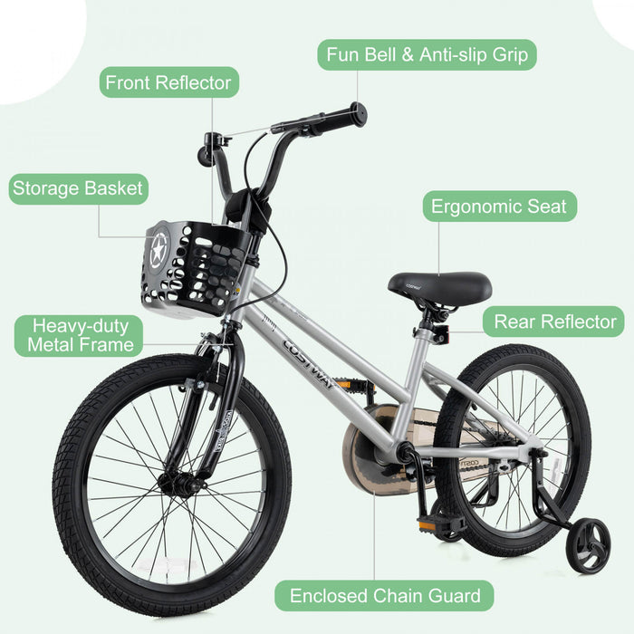 Costway 16\" Kid's Bike With Training Wheels Adjustable Handlebar & Seat Handbrake Silver