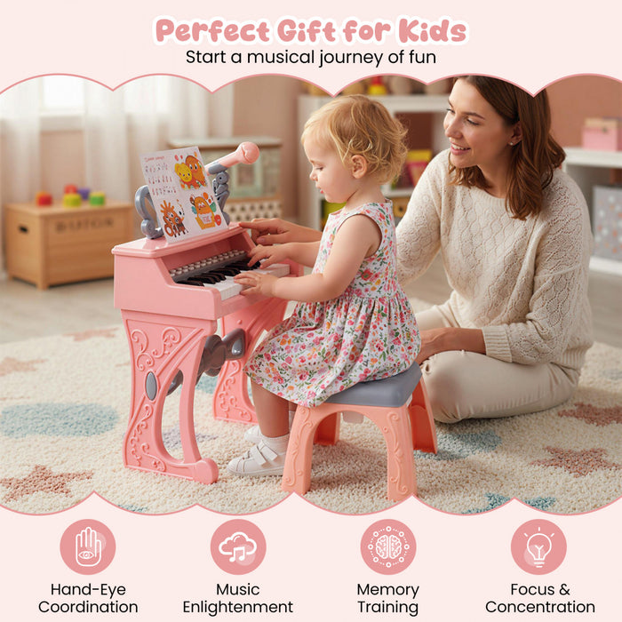 Costway 17.5in Height Mini Keyboard Piano for Kids 25 Keys Electric Piano w/Stool, Music Stand & Microphone