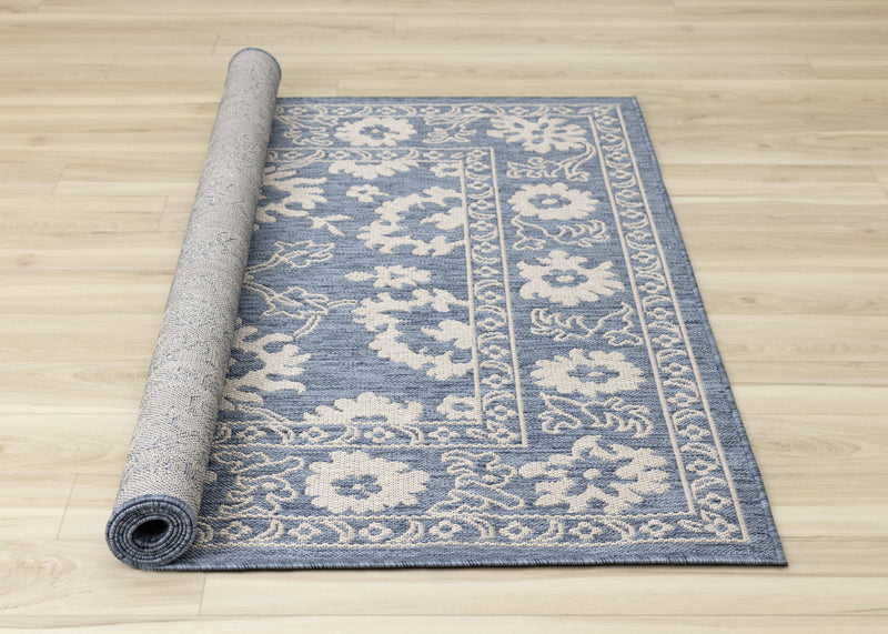 Cabana Blue White Elegant Border Outdoor Rug, 5'3\" x 7'7\" Outdoor Area Rug