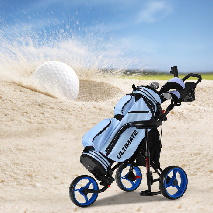 Goplus Folding 3 Wheels Golf Push Cart W/seat Scoreboard Adjustable Handle Blue