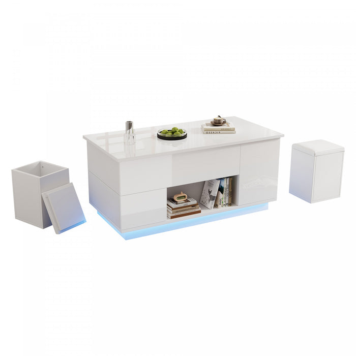 Flexi 39.3 Inch 4-in-1 Lift-Top Coffee Table with LED Lights, Dual Drawers and Storage Ottomans, White