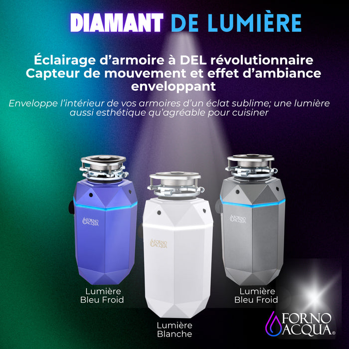 BrightDIAMOND 3/4HP Quietest Waste Disposer, LED Cabinet Light, Corded & Air Switch, MoonStone - WDD075TA2MS Food Disposer
