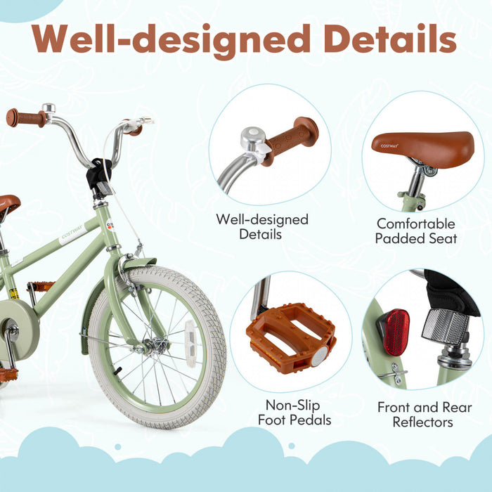 Costway 16\" Kids Bike With Adjustable Saddle Handlebar Removable Training Wheels Handbrake Green
