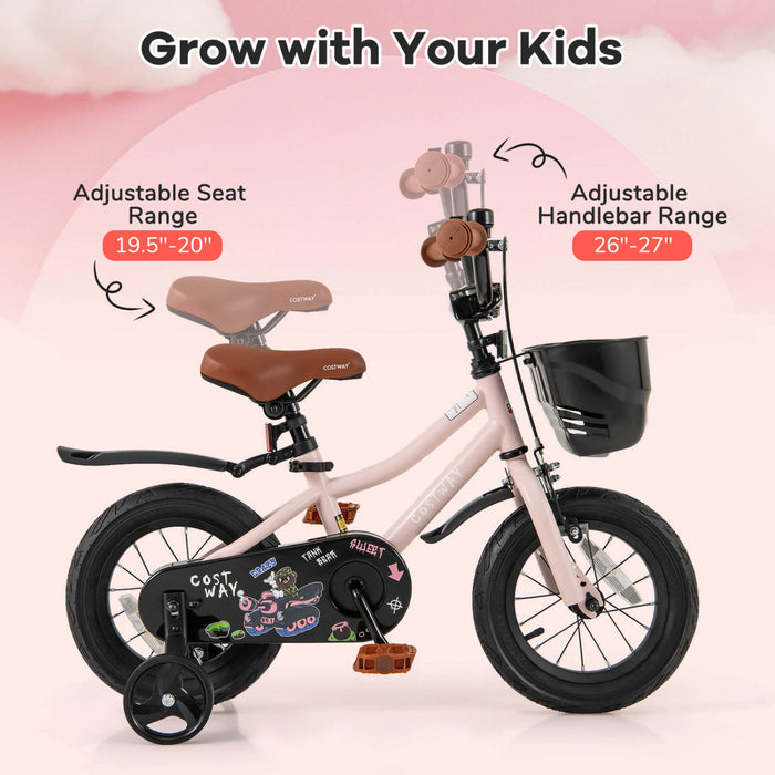 Costway 12\" Kid's Bike With Training Wheels Adjustable Handlebar & Seat Handbrake Pink