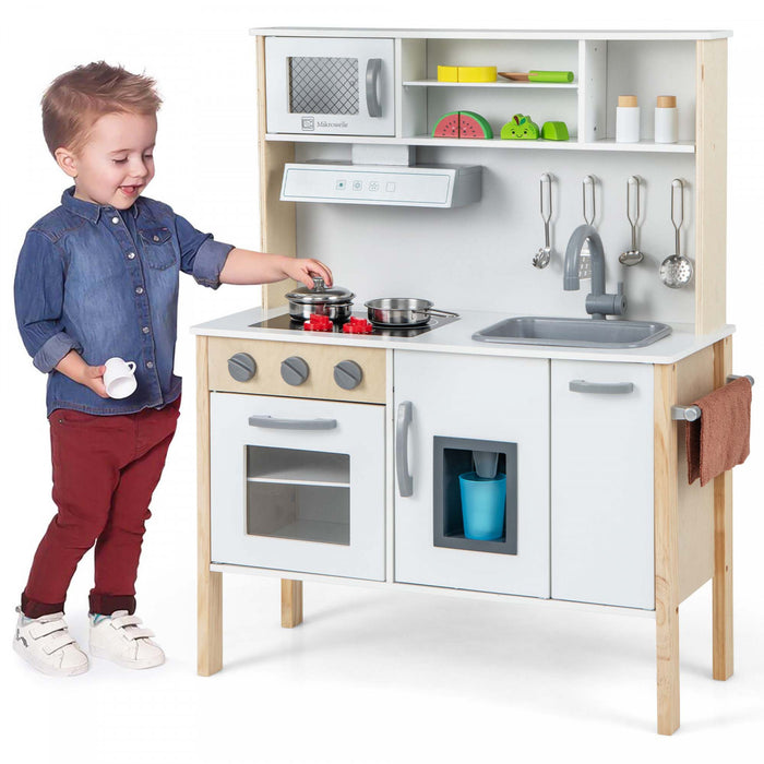 Costway Kids Kitchen Playset Wooden Pretend Play Chef Toy W/ Microwave & Accessories