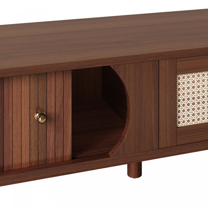 Rustic 67 Inch TV Cabinet with Rattan Sliding Doors and Drawers, Wood