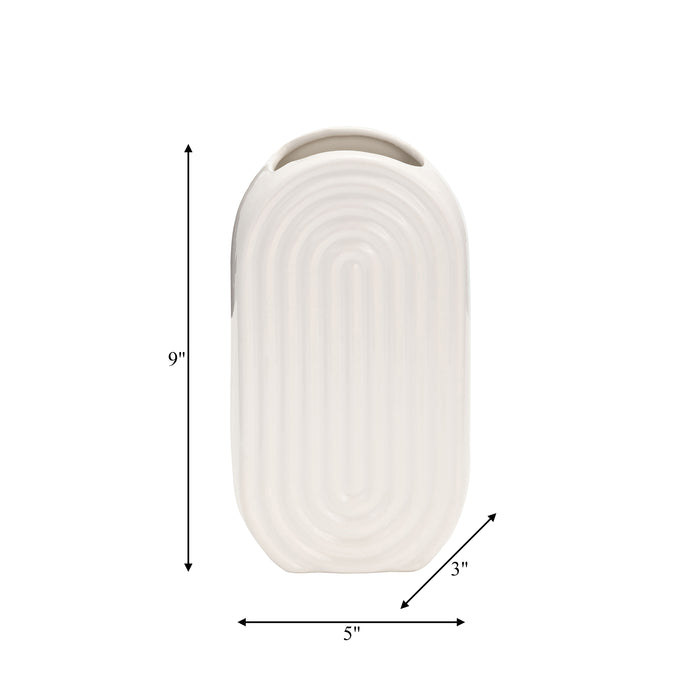 Ceramic 9\" Oval Ridged Vase - White