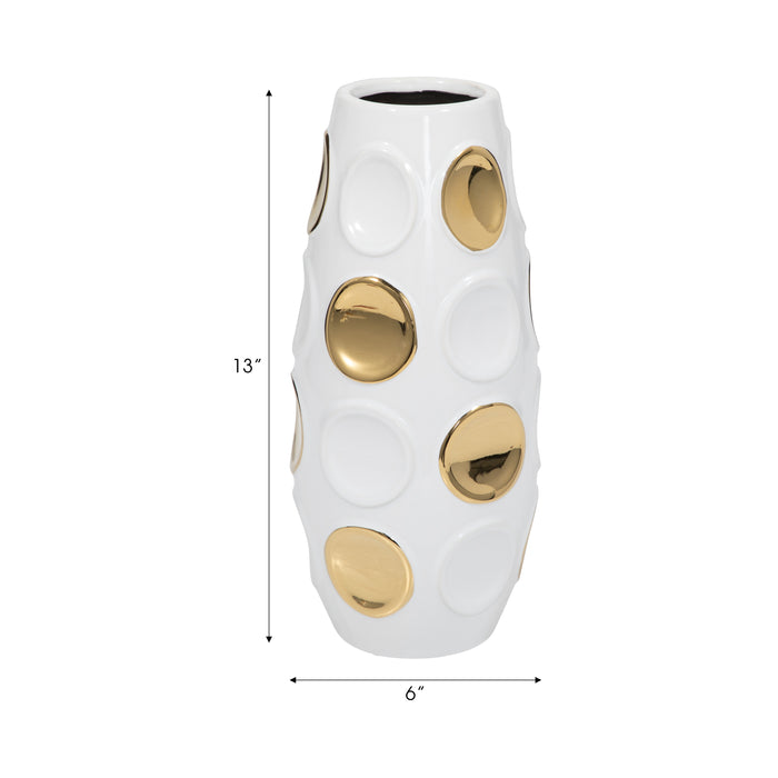 13\" Circle Emobossed Vase - White and Gold