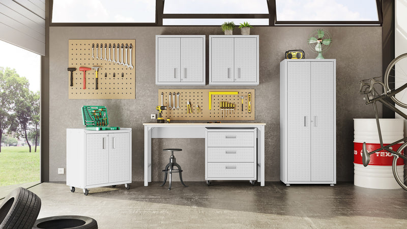 Manhattan Comfort Fortress Textured Metal 75.4\" Garage Cabinet with 4 Adjustable Shelves - White