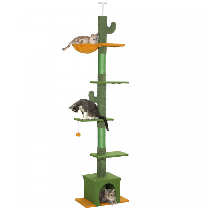 Pawhut Floor To Ceiling Cat Tree, Cat Tower With 90.5\"-108\" Adjustable Height, 5 Tier Activity Centre With Scratching Posts, Hammock, Condo, Toy Ball For Indoor Cats, Green