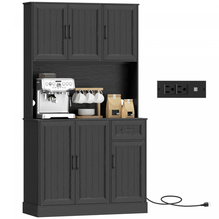 HOMCOM 71\" Pantry Cabinet, Kitchen Cupboard with Charging Station, Black