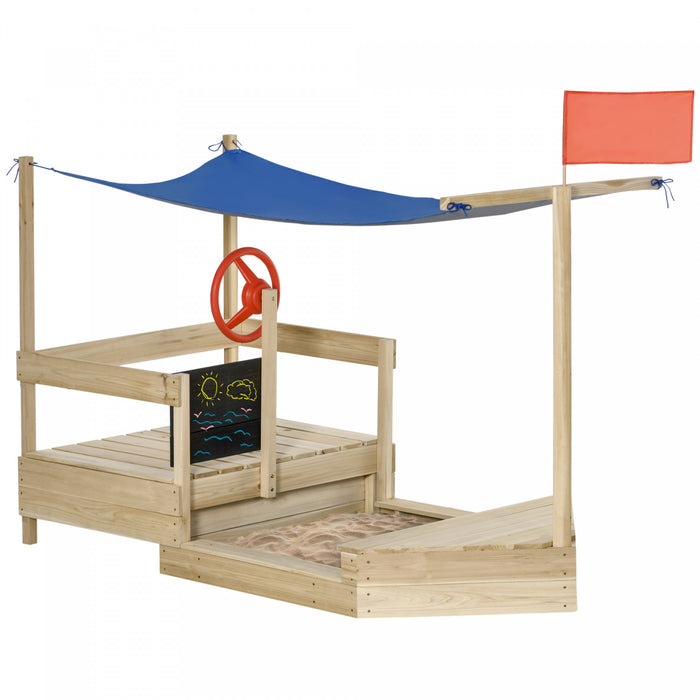 Kids Wooden Sandbox With Cover, Foldable Play Station, Covered Children Sand Boat Outdoor, W/flag, Bottom Liner, Blackboard, For 3-8 Years Old, Natural Wood
