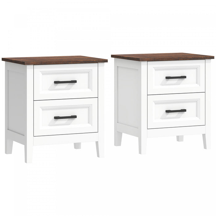 HOMCOM Farmhouse Nightstand Set of 2, Bedside Tables with 2 Drawers, White