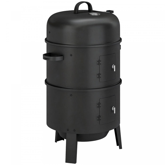 Outsunny 3-in-1 Vertical Charcoal Smoker with 2 Grill Grates, Built-in Thermometer, Adjustable Vent, 2 Doors, Outdoor BBQ Smoker Grill for Camping, Parties, Picnic