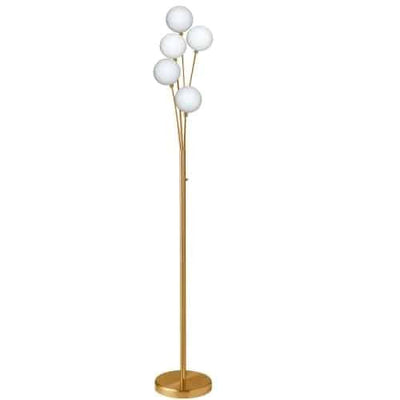Dainolite Budding Branch 5 Light Floor Lamp Aged Brass Finish White Glass|Lampe à pied Budding Branch de Dainolite en verre blanc, avec fini laiton vieilli et 5 ampoules