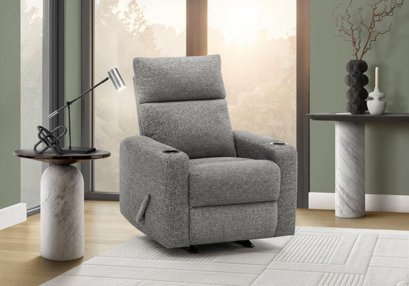 MONARCH SPECIALTIES 30\" WIDE UPHOLSTERED RECLINING CHAIR, MANUAL ROCKER, CUP HOLDERS, DARK GREY FABRIC RECLINER