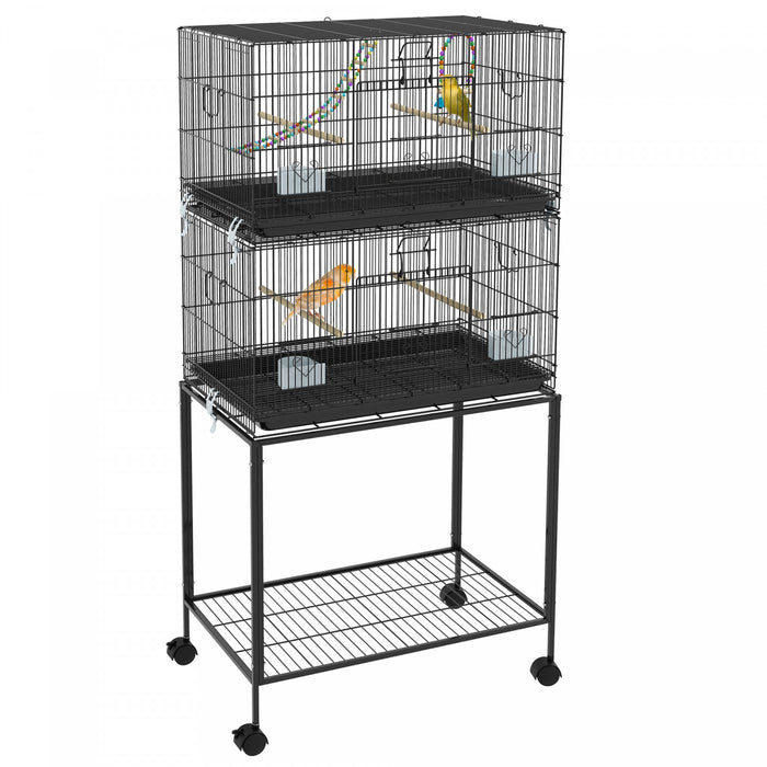 Pawhut Birdcage For Canaries, Lovebirds Finches, Budgie Cage With Wheels, Removable Tray, Bottom Mesh Panel, Wooden Perches, Swing, Ramp, Food Containers, 30\" L X 18\" W X 65\" H