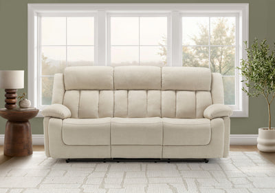 3-Seater Power Reclining Upholstered Sofa, 86" Wide, Usb Port Included, Beige Fabric Recliner | Sofa Rembourre 3 Places Inclinable Electrique, 85"L, Port Usb Inclus, Tissu Beige