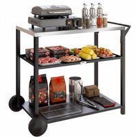 Outsunny Outdoor Grill Cart with Stainless Steel Tabletop for Kitchen Prep, Three-Tier Pizza Oven Stand, BBQ Stand and Movable BBQ Cart on Wheels, Black