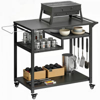 Outsunny Outdoor Grill Cart, BBQ Stand, Three-Shelf Pizza Oven Stand with Hooks, Garbage Bag Holder, Movable Food Prep Table on Wheels, Black