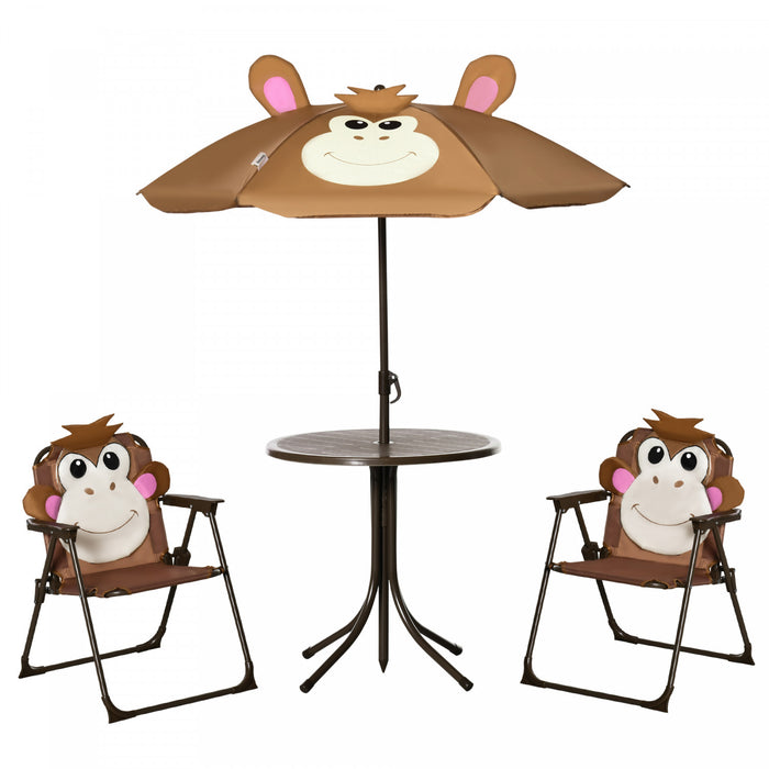 Outsunny Kids Folding Picnic Table And Chair Set Pattern Outdoor Garden Patio Backyard With Removable & Height Adjustable Sun Umbrella Brown