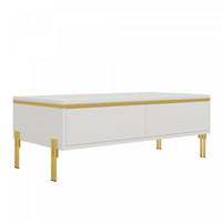 Lustra 39.4 Inch Modern High-Gloss Coffee Table with Dual Drawers and Gold Accents, White 