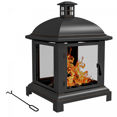 Outsunny 26" Fire Pit With Poker, Chimney Style Wood Burning Firepit, Black|Outsunny Foyer A Bois De 26 Po Avec Tisonnier, De Style Cheminee, Noir