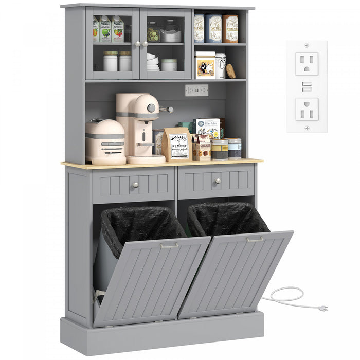 HOMCOM Kitchen Pantry Cabinet, Storage Cabinet w/ Charging Station, Grey