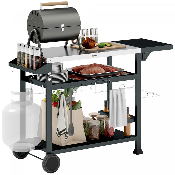Outsunny 3-Shelf Outdoor Grill Cart with Foldable Side Table, 46.1\" x 21.7\" Multifunctional Pizza Oven Stand with Stainless Steel Tabletop, Movable Food Prep Table on Wheels, Black