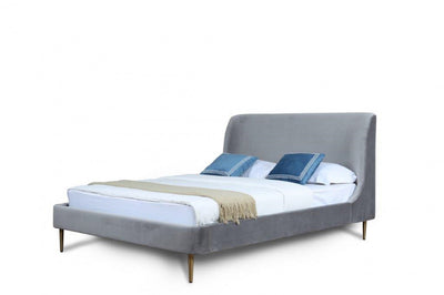 Heather Mid-Century Modern Velvet Upholstered Queen Bed in Gray and Gold | Lit Queen Heather style milieu du siecle moderne, rembourre en velours gris et or