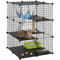 PawHut 3 Tier Cat Cage Crate, DIY Pet Playpen with 3 Doors, Ladders, Hammock, Platforms, Indoor Playpen for Kittens, Squirrel, Rabbit, Black