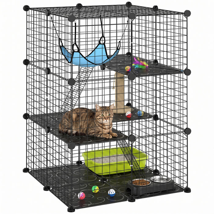 PawHut 3 Tier Cat Cage Crate, DIY Pet Playpen with 3 Doors, Ladders, Hammock, Platforms, Indoor Playpen for Kittens, Squirrel, Rabbit, Black