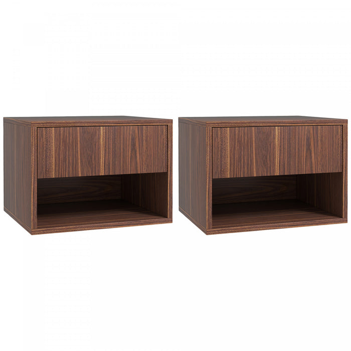 HOMCOM Floating Nightstand Set of 2 with Drawer and Shelf, Brown